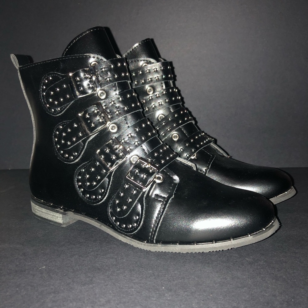 Multi buckle studded biker boot